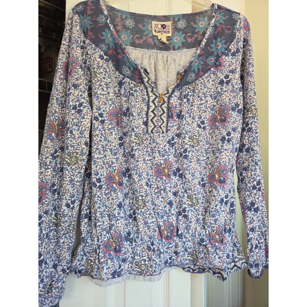 Vintage Y2K Lucky Brand Peasant Top Blue Floral Boho Size M Cinched Waist